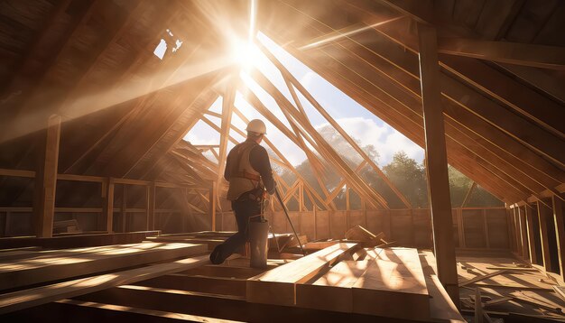 Couvreur ouvrier travaillant sur la structure du toit sur un chantier de construction en bois