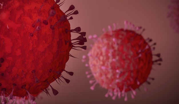 Photo covid-19, molécule de virus coronavirus sur fond rouge, la maladie respiratoire se propage.