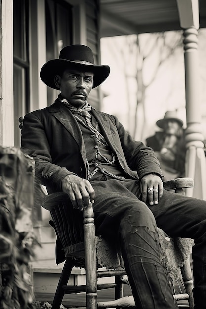 Photo un cow-boy afro-américain assis sur une chaise sur le porche