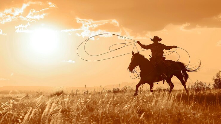 Photo un cow-boy américain à cheval et jetant un lasso dessinant un cheval