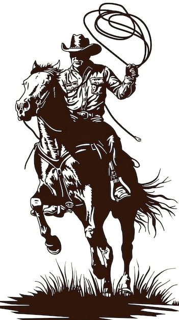 Un cow-boy américain à cheval et jetant un lasso dessinant un cheval