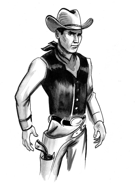 cow-boy américain. Dessin noir et blanc à l'encre