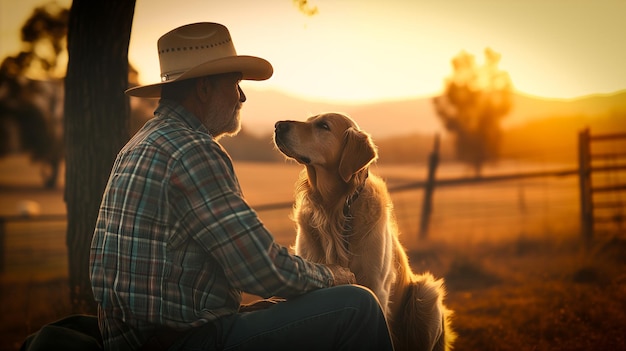 un cow-boy caucasien âgé portant un chapeau avec son chien au coucher du soleil à la campagne