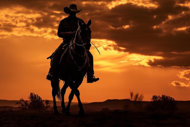 un cow-boy sur un cheval avec un coucher de soleil en arrière-plan