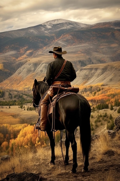 Un cow-boy sur un cheval devant une montagne