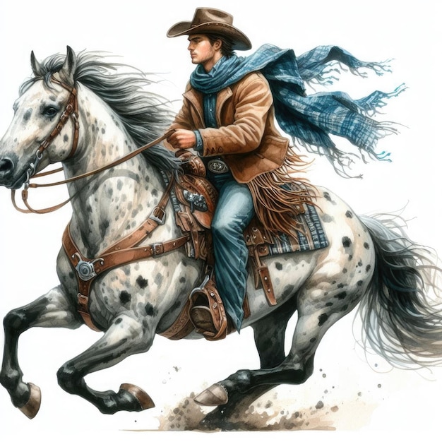 Cow-boy à cheval sur un fond blanc Illustration à l'aquarelle
