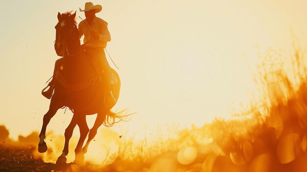 Un cow-boy à cheval qui court et de l'herbe au lever du soleil.