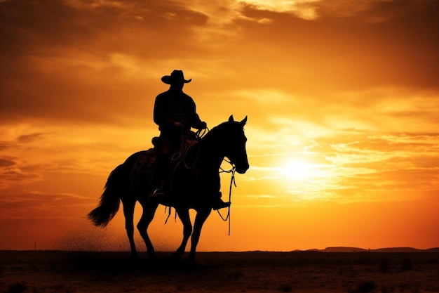 un cow-boy sur un cheval avec le soleil couchant derrière lui