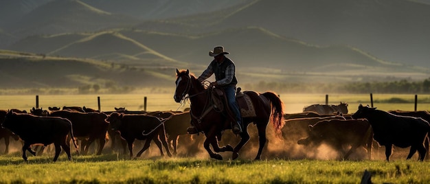 un cow-boy chevauche un cheval dans un champ avec des chevaux