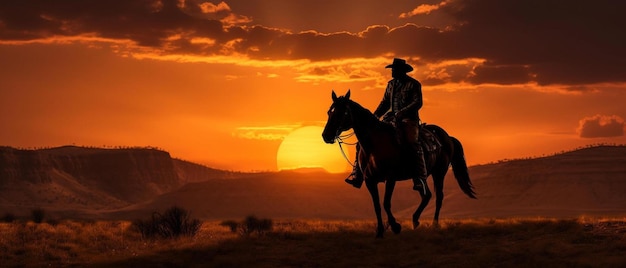 un cow-boy chevauche son cheval au coucher du soleil