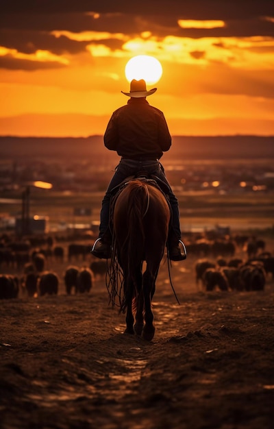 Un cow-boy monte à cheval sur fond de magnifique coucher de soleil