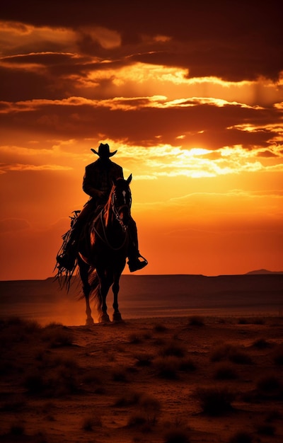 Un cow-boy monte à cheval sur fond de magnifique coucher de soleil