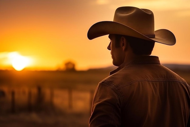 un cow-boy regarde un champ au coucher du soleil