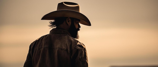 un cow-boy se tient devant un coucher de soleil