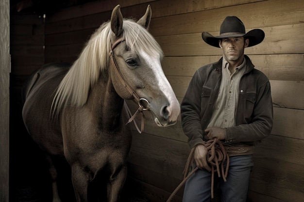 Cowboy américain typique avec son cheval dans l'écurie Personne fictive générée par Ai