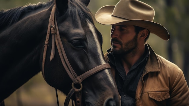 Cowboy bénéficiant d'un cheval à la ferme