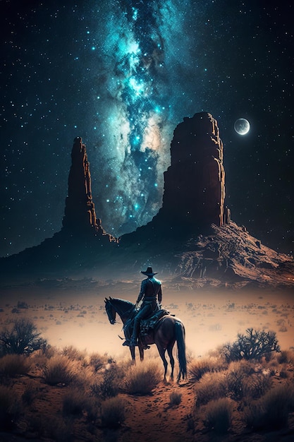 Cowboy à cheval dans le désert la nuit Generative AI