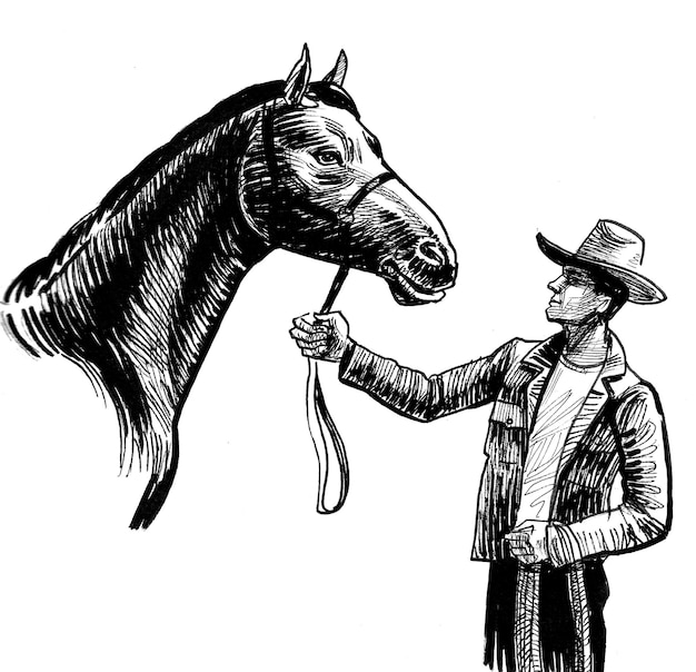 Cowboy avec un cheval. Dessin noir et blanc à l'encre