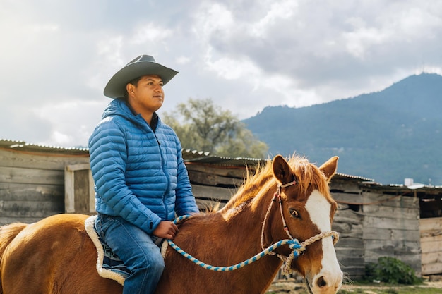 Cowboy sur un cheval, homme latino brun regardant l'horizon.