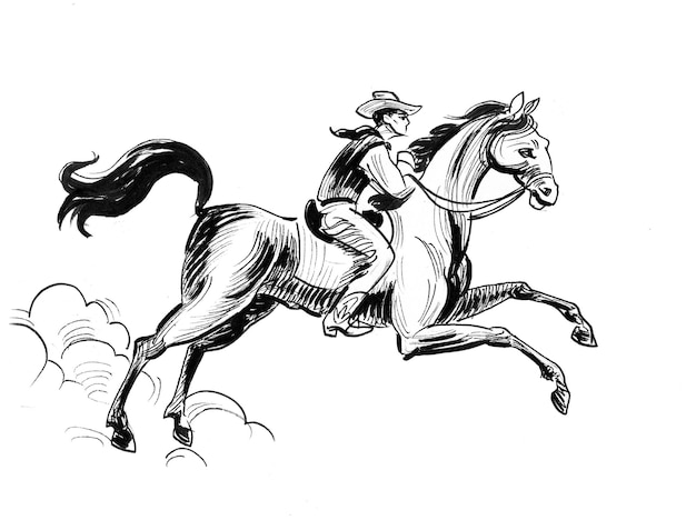 Photo cowboy chevauchant un cheval au galop. dessin noir et blanc à l'encre