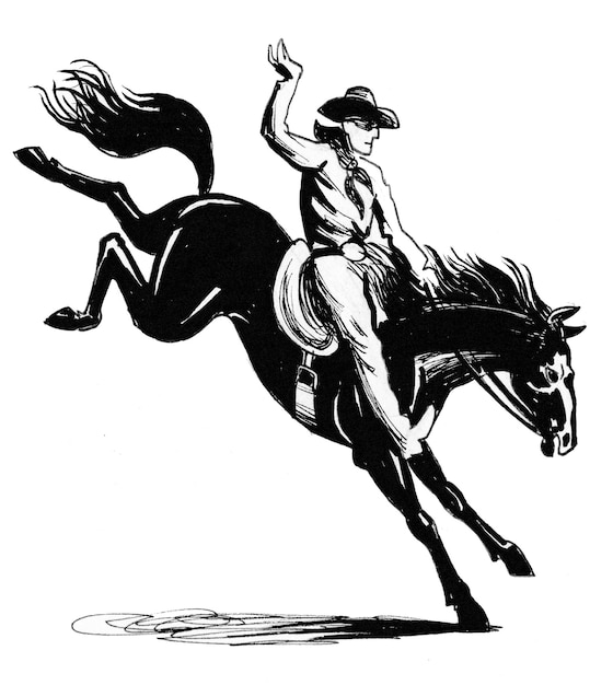 Cowboy chevauchant un cheval sauvage. Dessin noir et blanc à l'encre