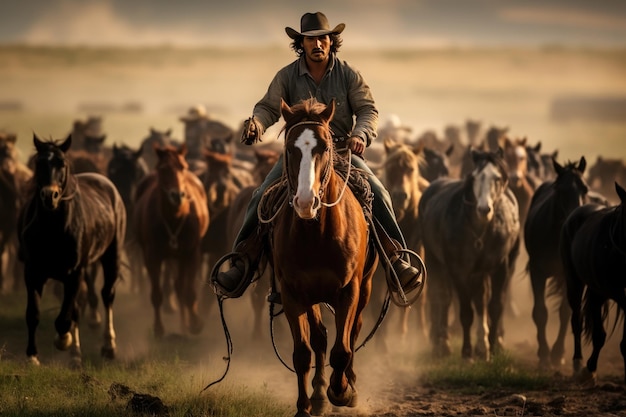 Cowboy avec des chevaux sur la plage