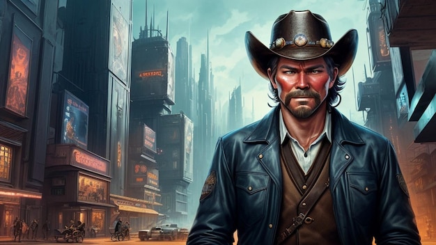 Cowboy dans une ville futuriste de cyber-science-fiction métaverse