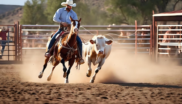 Un cowboy encorde un veau lors d'une compétition de rodéo