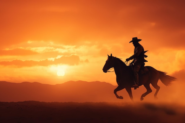 Cowboy montant un cheval dans une silhouette au coucher du soleil