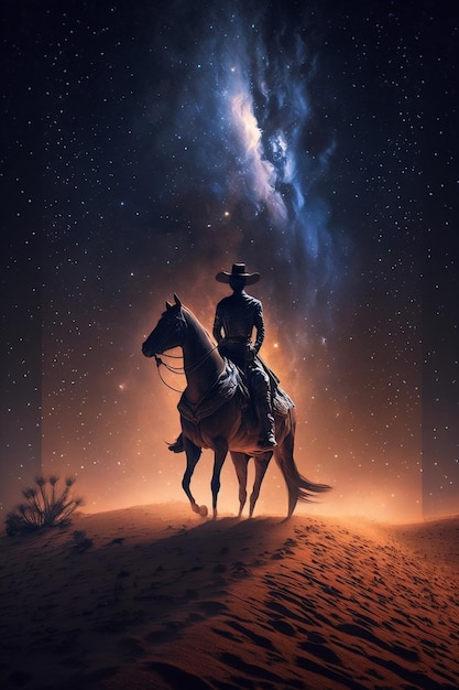Cowboys à cheval dans la nuit étoilée du désert fond d'écran mobile ai généré
