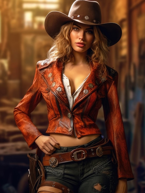 Cowgirl chaude en chapeau de cowboy et pantalon en cuir Far West