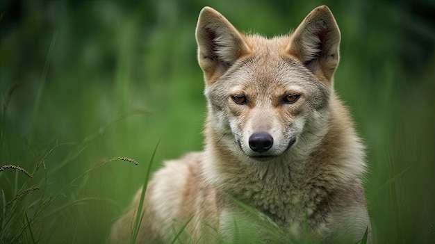 Un coyote est assis dans un champ d'herbe.