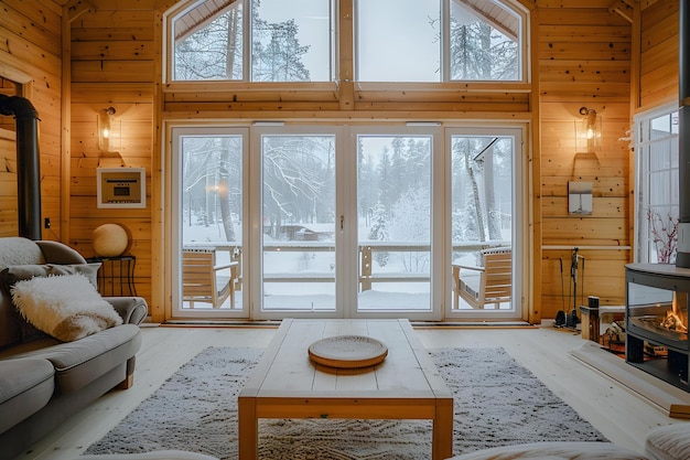 Photo cozy cottage escape salon de style nordique avec des paysages d'hiver à travers les fenêtres concept winter wonderland nordic retreat cottage confortable vibes vues pittoresques de l'hiver hygge hideaway