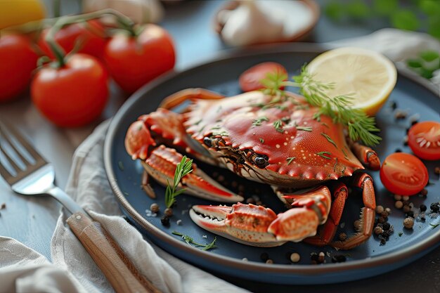 Crabe sur une assiette avec des tomates et du citron