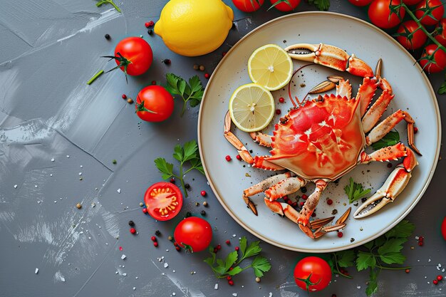 Crabe sur une assiette avec des tomates et du citron