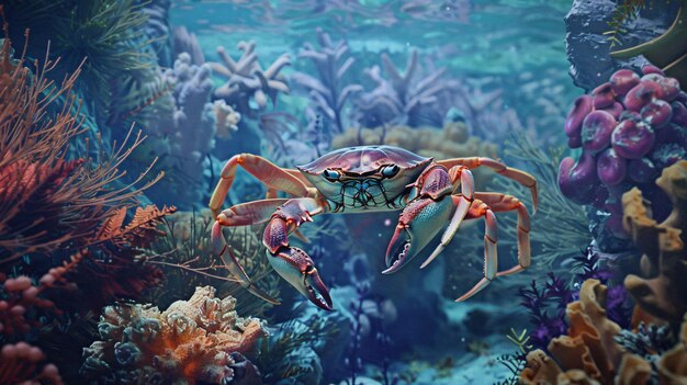 Le crabe au milieu des coraux vivants glisse dans les profondeurs des océans