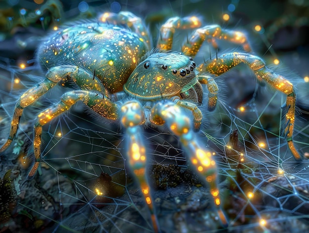 Un crabe bioluminescent vibrant sur une toile étincelante dans un cadre nocturne mystique