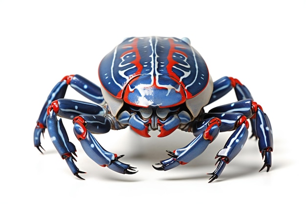 un crabe bleu avec des marques rouges et blanches est représenté sur fond blanc.