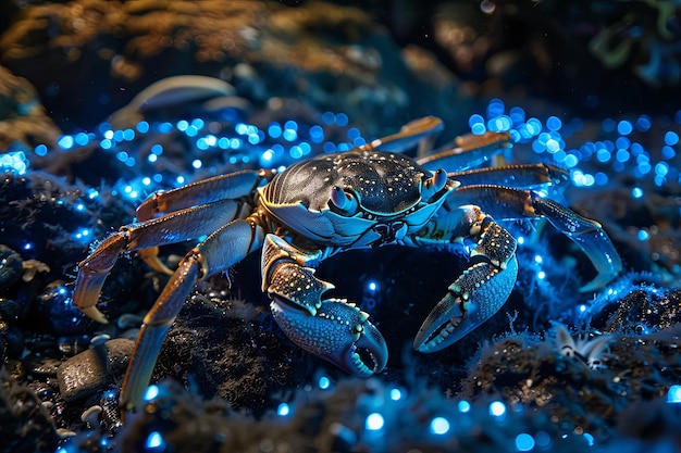 Un crabe bleu organisant une fête de danse sur le fond de l'océan avec des créatures bioluminescentes éclairant la piste de danse