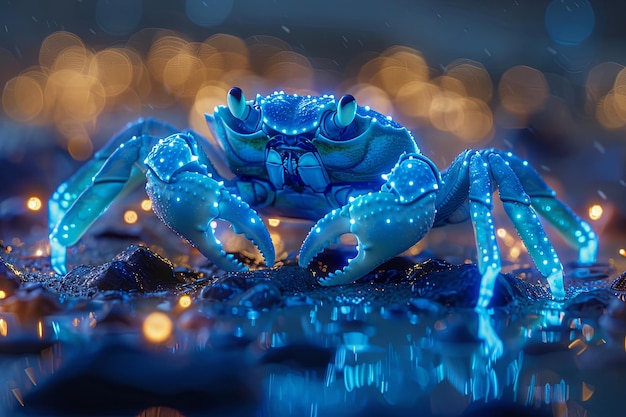 Photo un crabe bleu organisant une fête de danse sur le fond de l'océan avec des créatures bioluminescentes éclairant la piste de danse