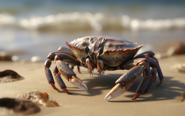 Un crabe à carapace dure en gros plan sur un fond de plage généré par ai de fruits de mer