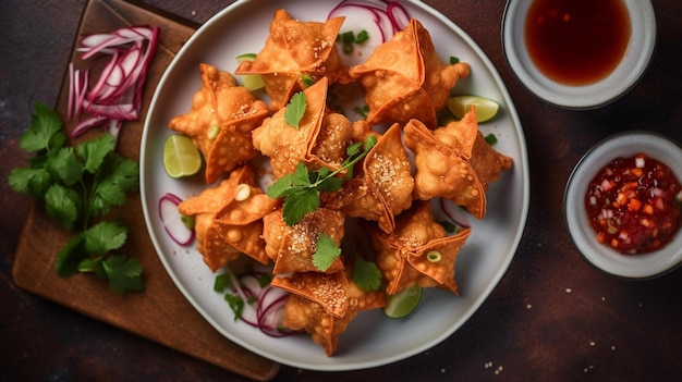 crabe chinois rangoon frits wontons sur une assiette