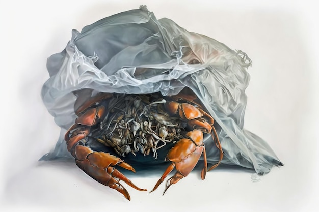 crabe coincé dans un sac en plastique, sauver le concept de l'océan, crabe coincé dans les déchets de la mer