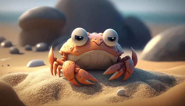 Crabe de dessin animé mignon sur une plage AI générative