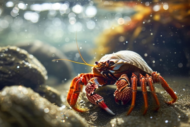 un crabe ermite et une coquille dans un réservoir