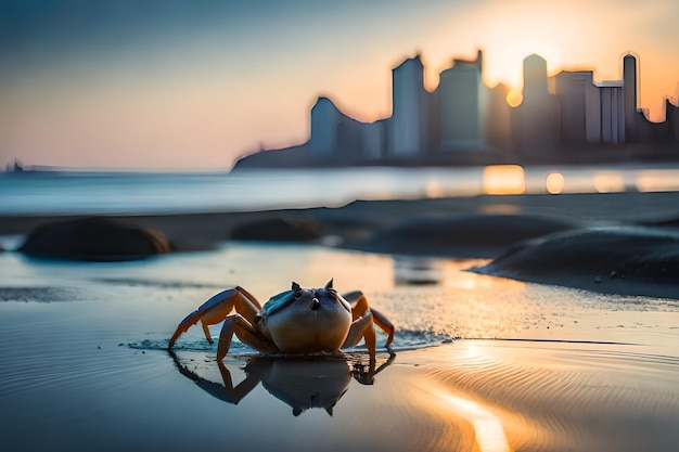 Un crabe est assis sur un rocher devant une ligne d'horizon de la ville.