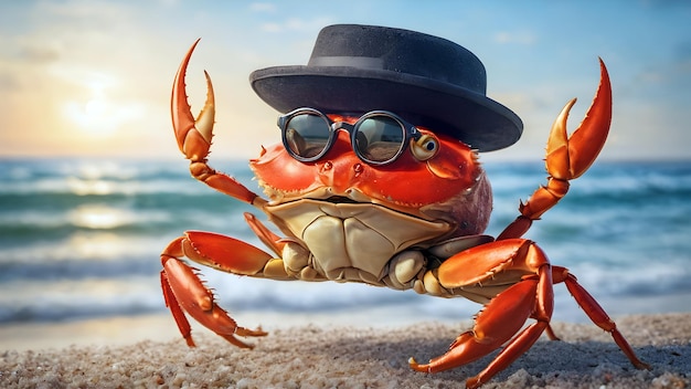 Un crabe mignon et joyeux avec des lunettes et un chapeau sur la plage. Des vacances d'été en mer.