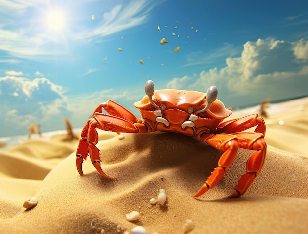 crabe orange sur la plage sous le ciel et la mer dans le style des lentilles à bascule