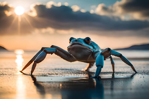 Un crabe sur la plage au coucher du soleil avec le soleil qui brille à travers les nuages