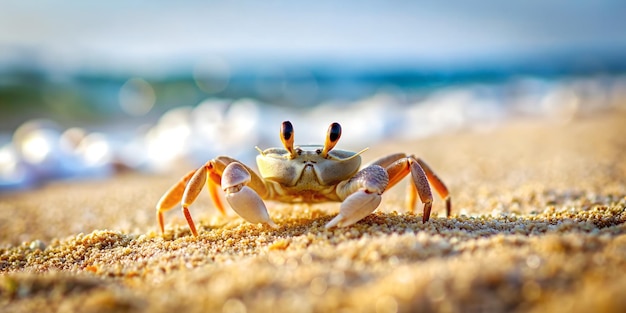 Photo un crabe sur la plage avec l'océan en arrière-plan macro